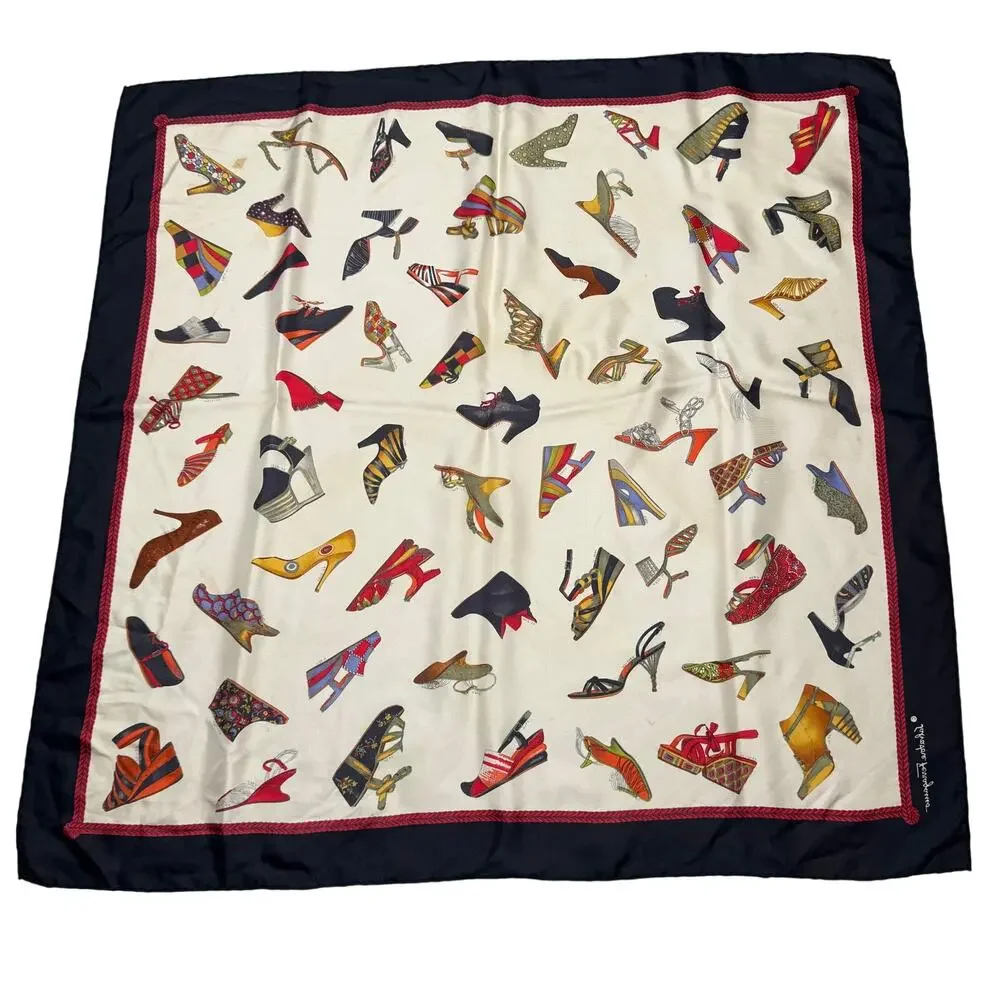 Salvatore Ferragamo Silk History of Shoes Heels Printed Scarf Italy Logo Luxury
